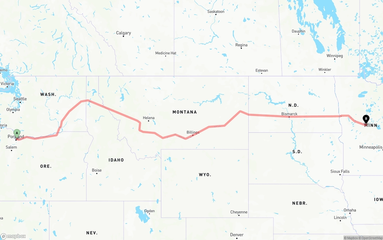 Shipping route from Port of Portland to Minnesota