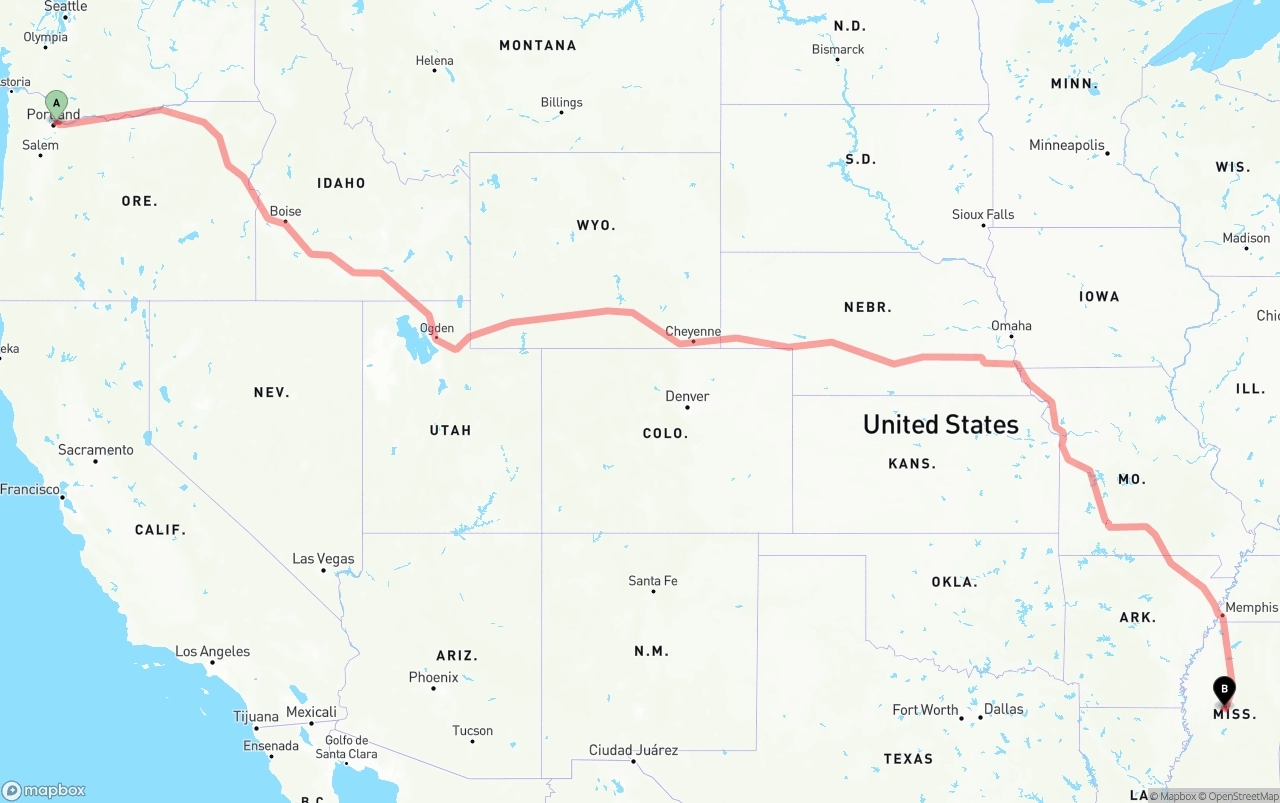 Shipping route from Port of Portland to Mississippi