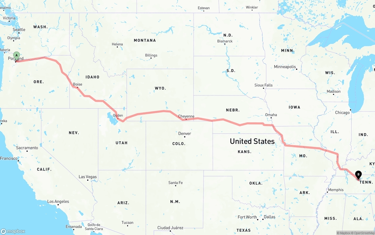 Shipping route from Port of Portland to Nashville