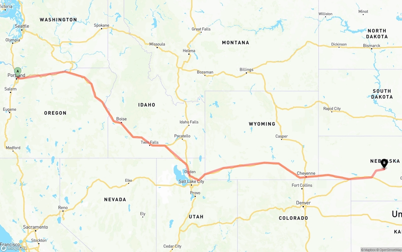 Shipping route from Port of Portland to Nebraska
