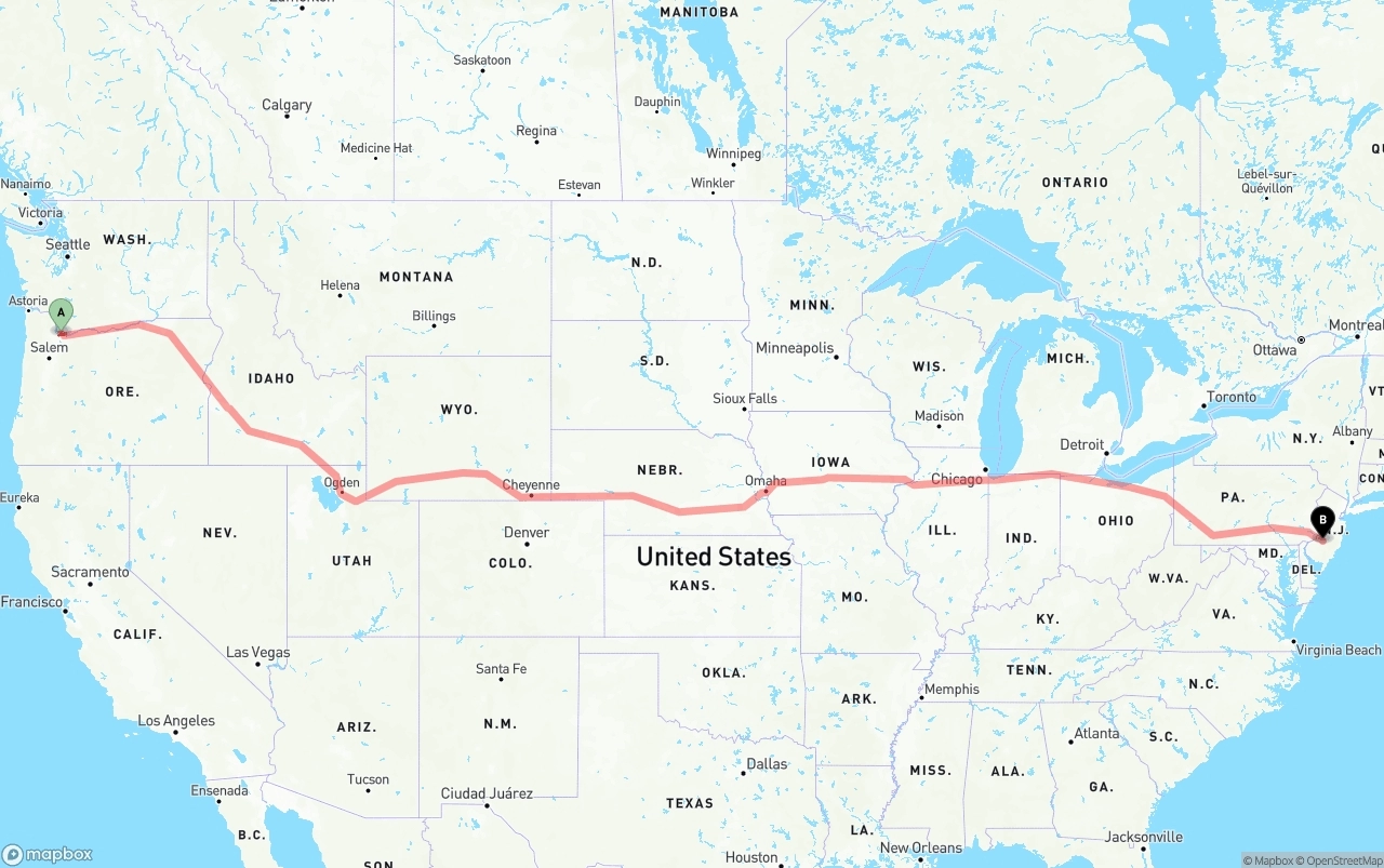 Shipping route from Port of Portland to New Jersey