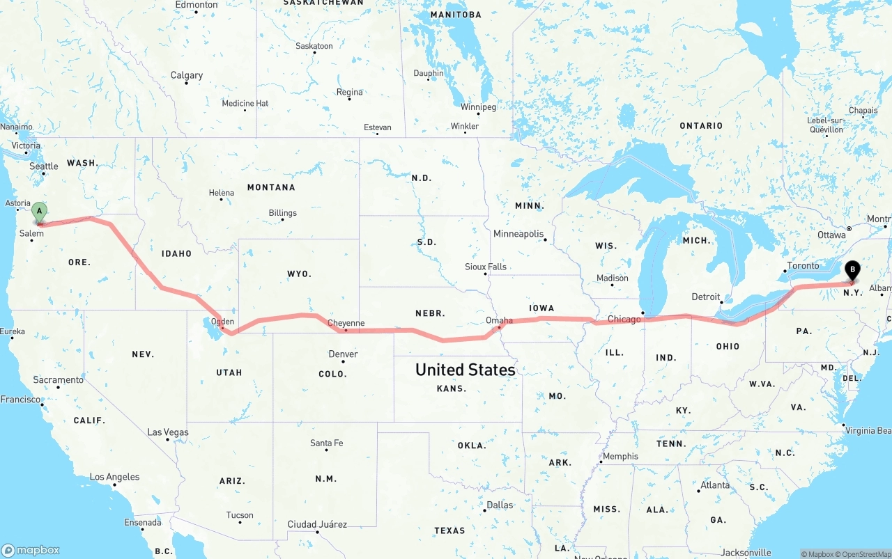 Shipping route from Port of Portland to New York