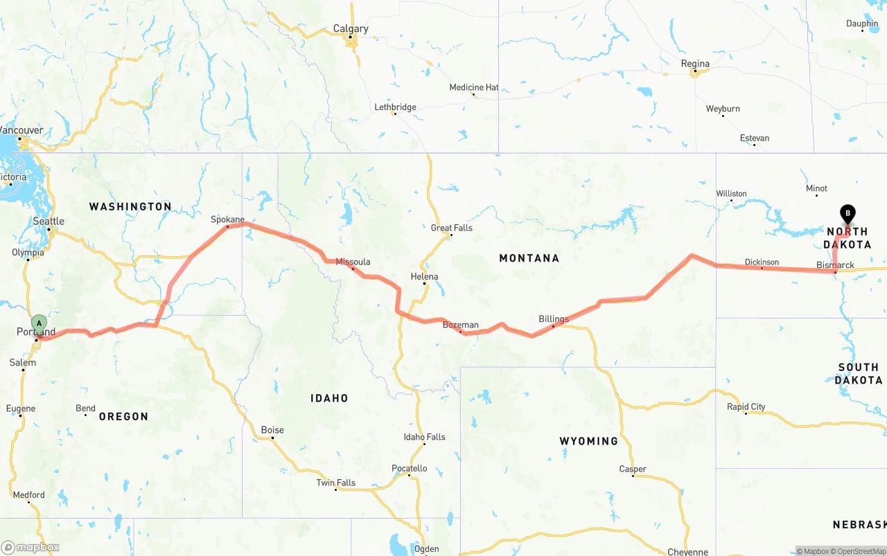 Shipping route from Port of Portland to North Dakota