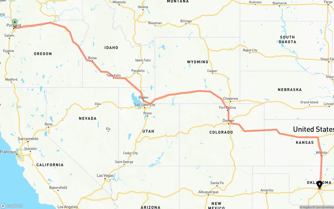 Shipping route from Port of Portland to Oklahoma City