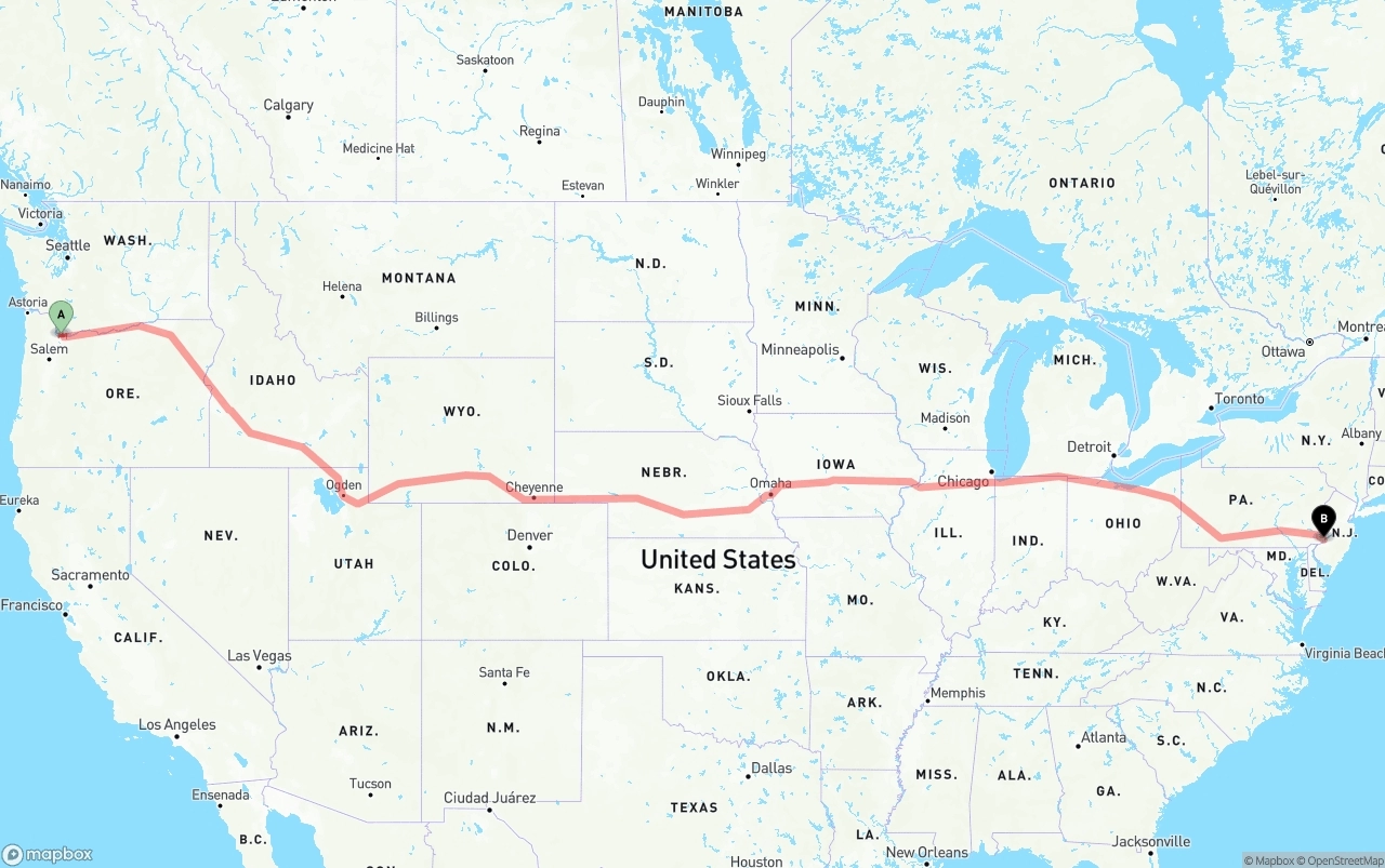 Shipping route from Port of Portland to Philadelphia