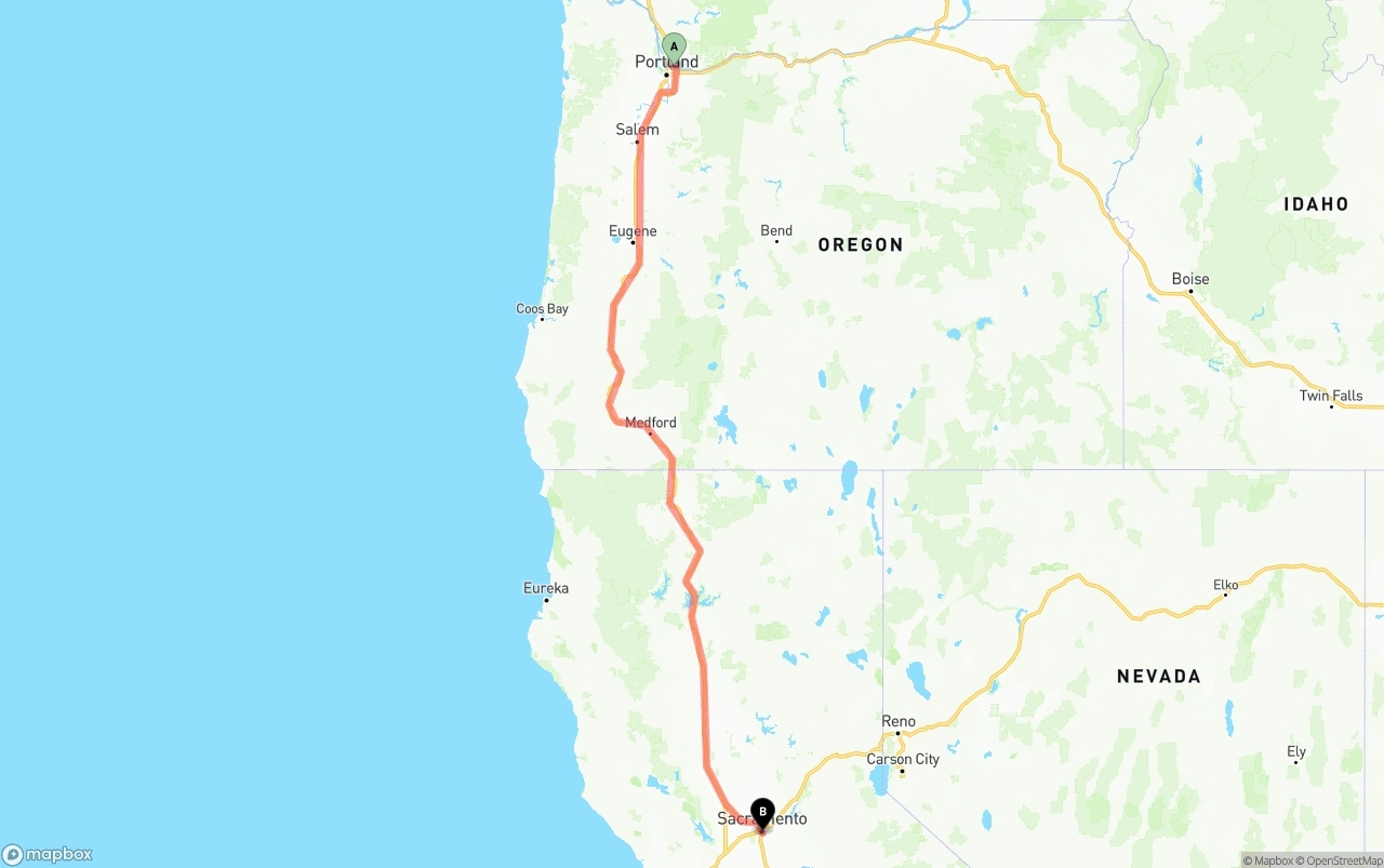 Shipping route from Port of Portland to Sacramento