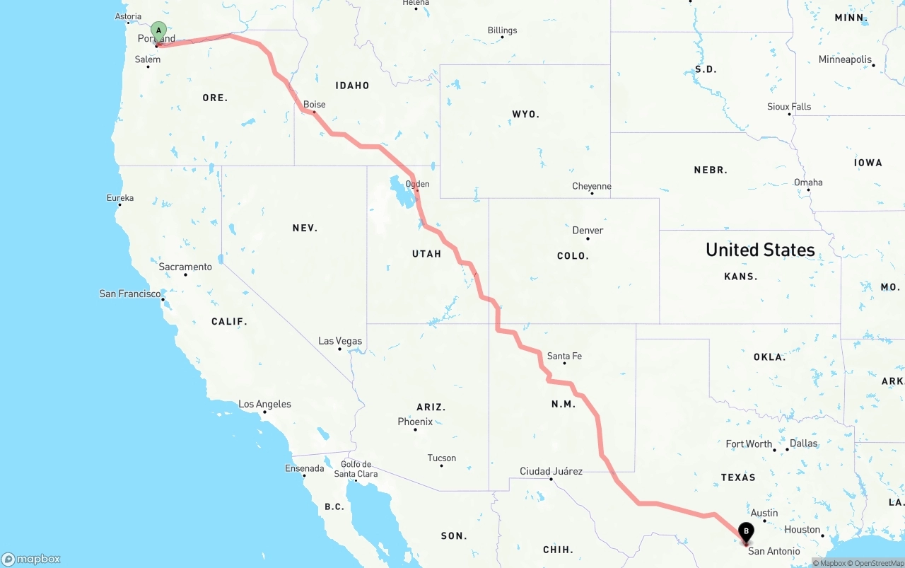 Shipping route from Port of Portland to San Antonio