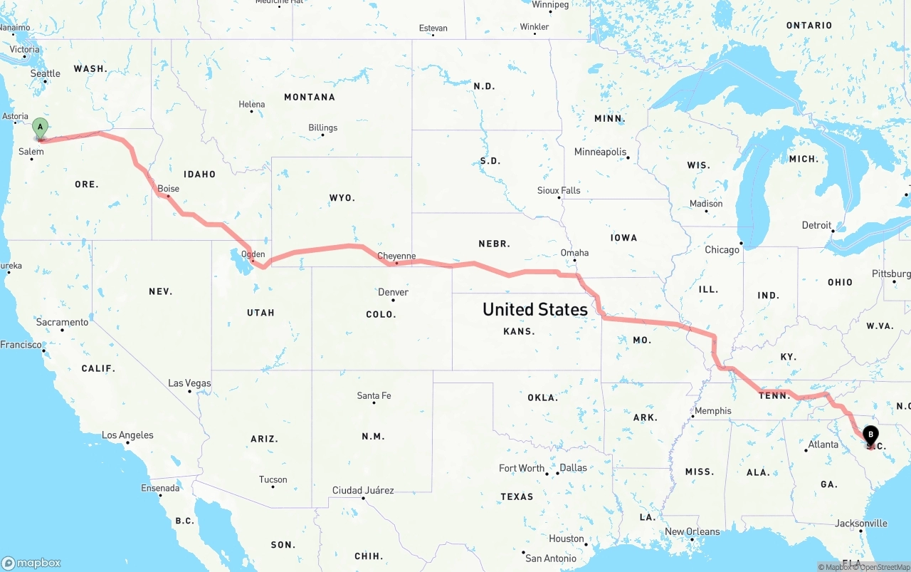 Shipping route from Port of Portland to South Carolina