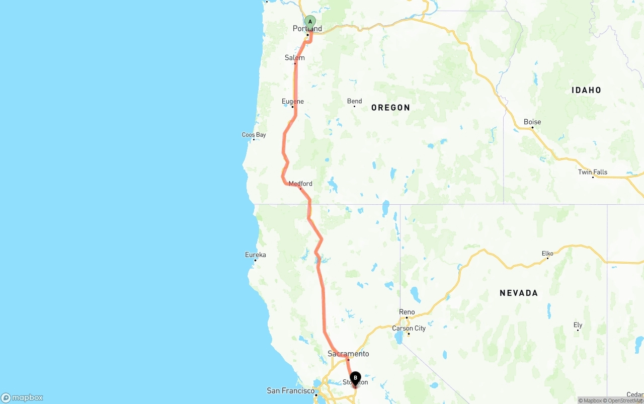 Shipping route from Port of Portland to Stockton