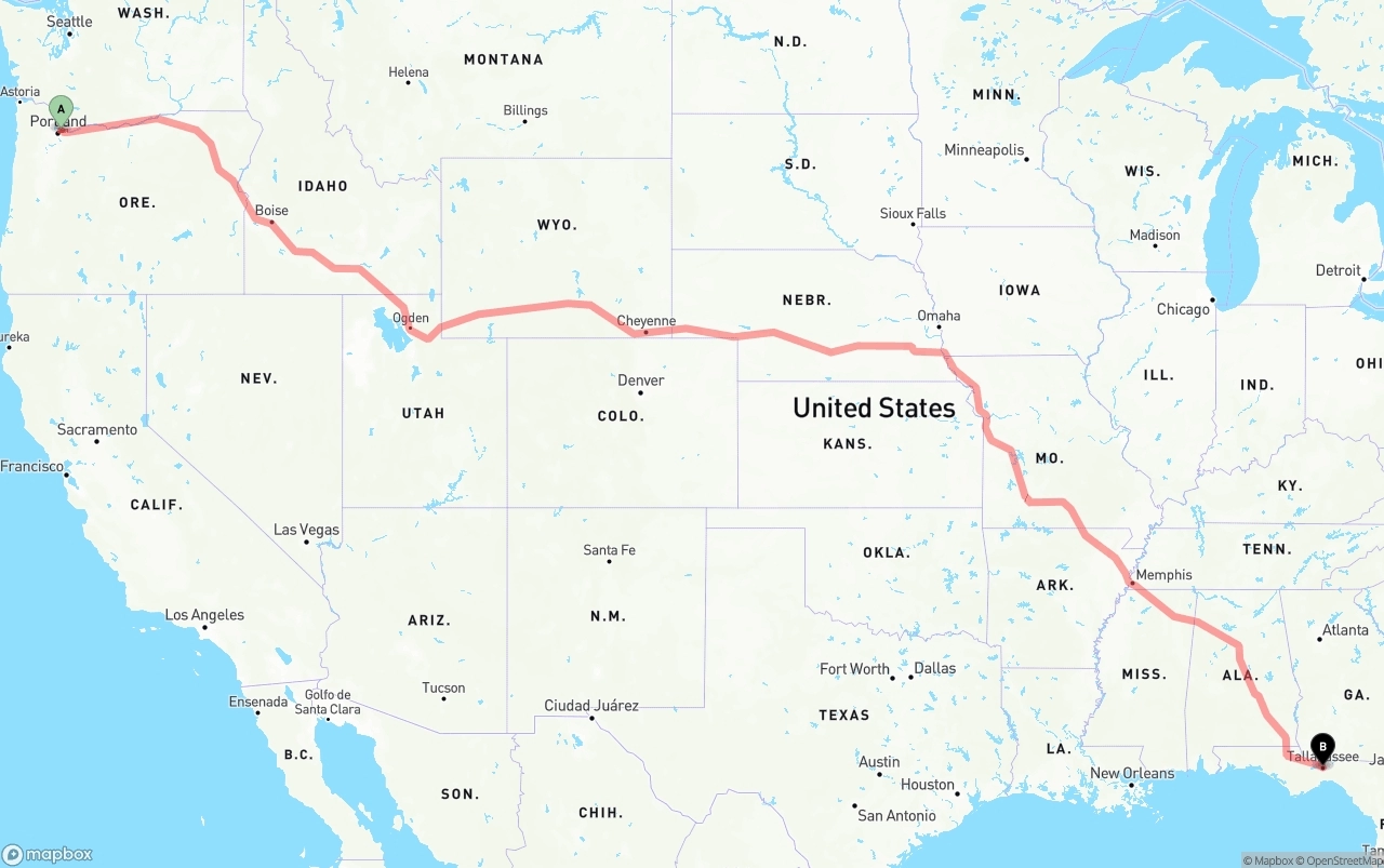 Shipping route from Port of Portland to Tallahassee