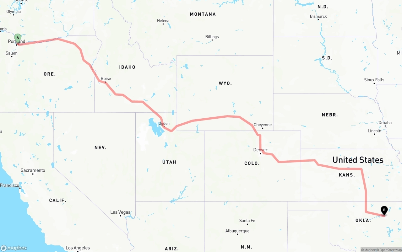 Shipping route from Port of Portland to Tulsa