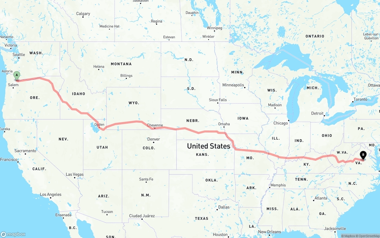 Shipping route from Port of Portland to Virginia