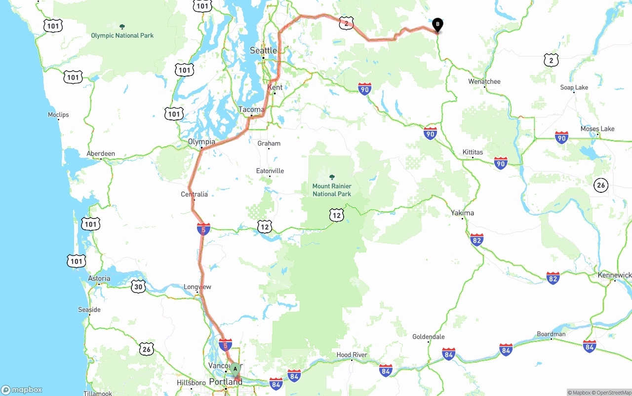 Shipping route from Port of Portland to Washington