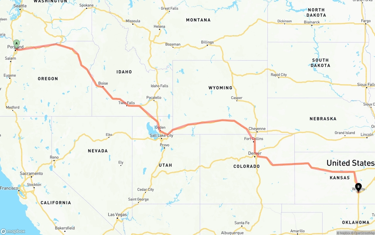 Shipping route from Port of Portland to Wichita