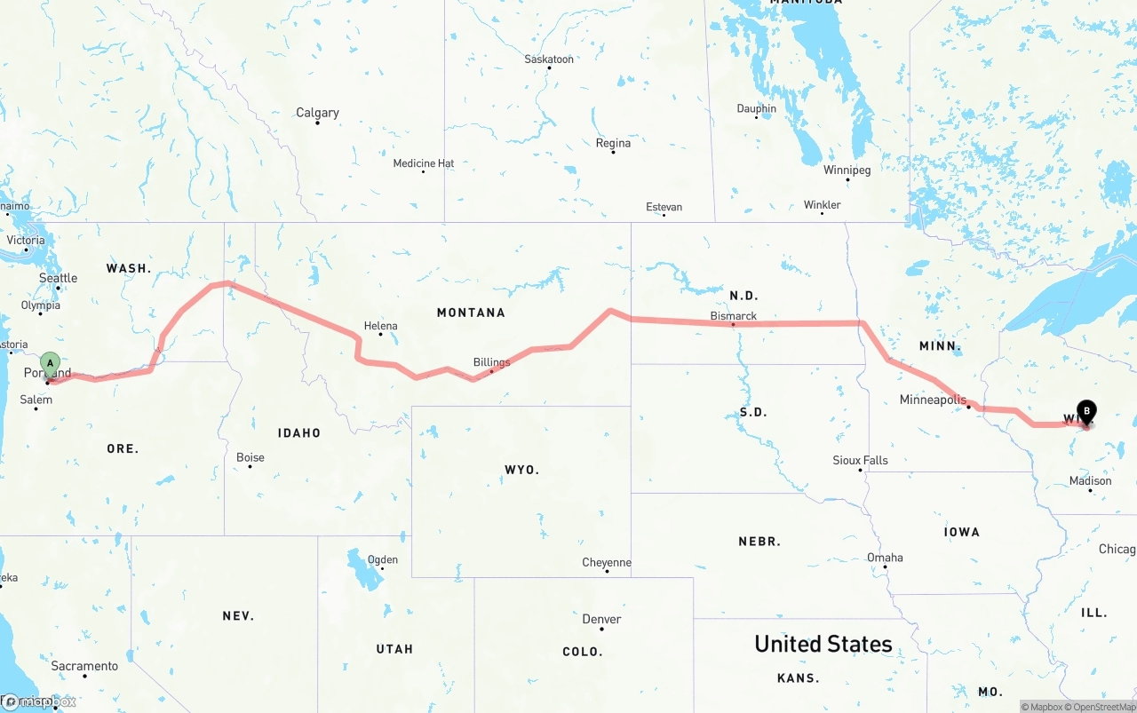 Shipping route from Port of Portland to Wisconsin