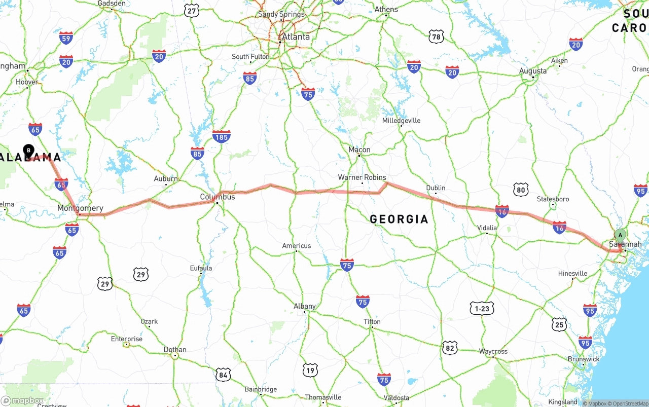 Shipping route from Port of Savannah to Alabama
