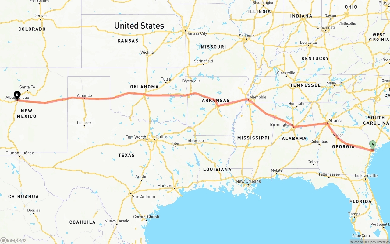 Shipping route from Port of Savannah to Albuquerque