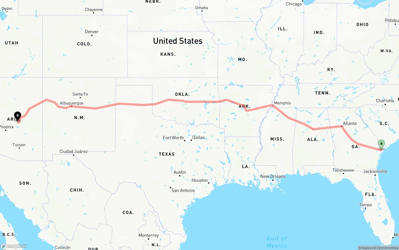 Shipping route from Port of Savannah to Arizona
