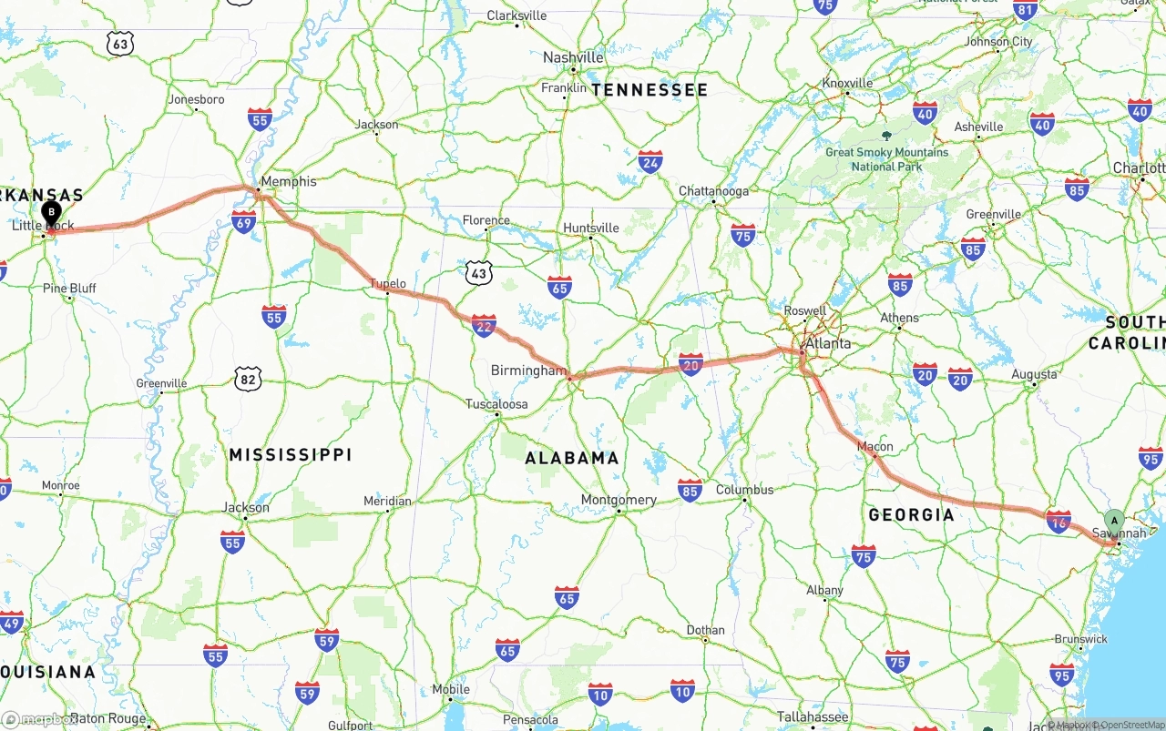 Shipping route from Port of Savannah to Arkansas