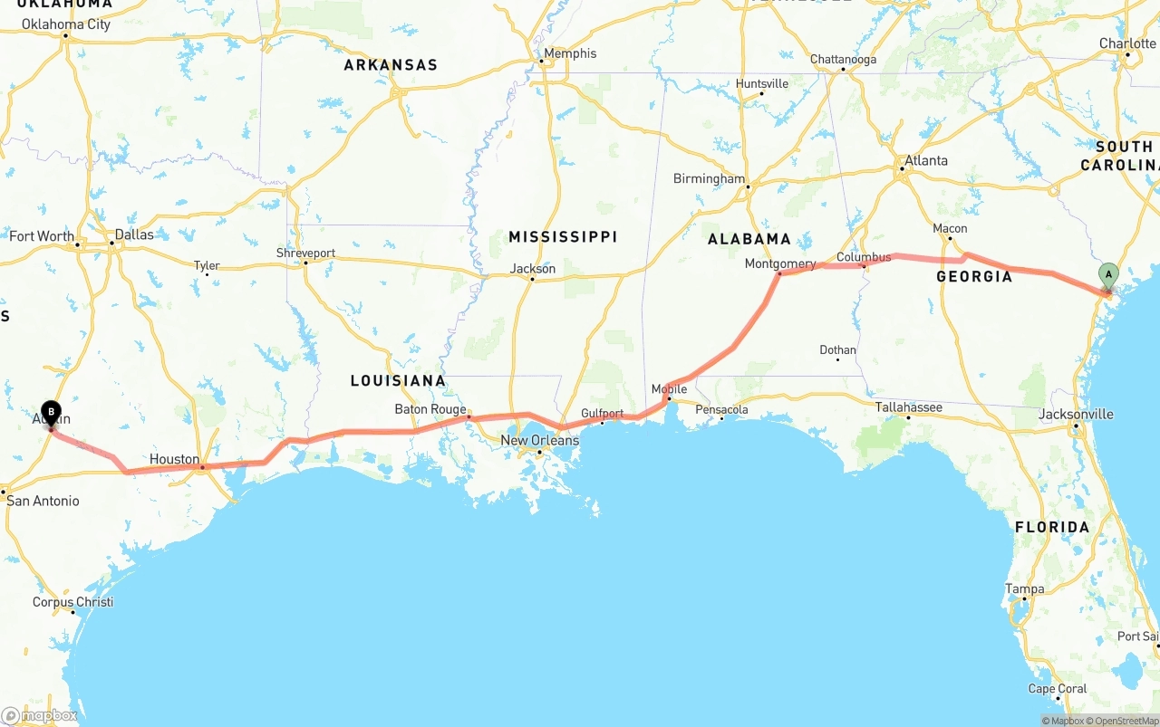 Shipping route from Port of Savannah to Austin