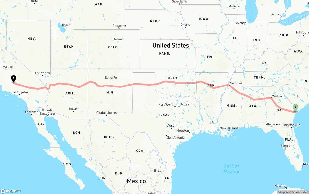Shipping route from Port of Savannah to Bakersfield