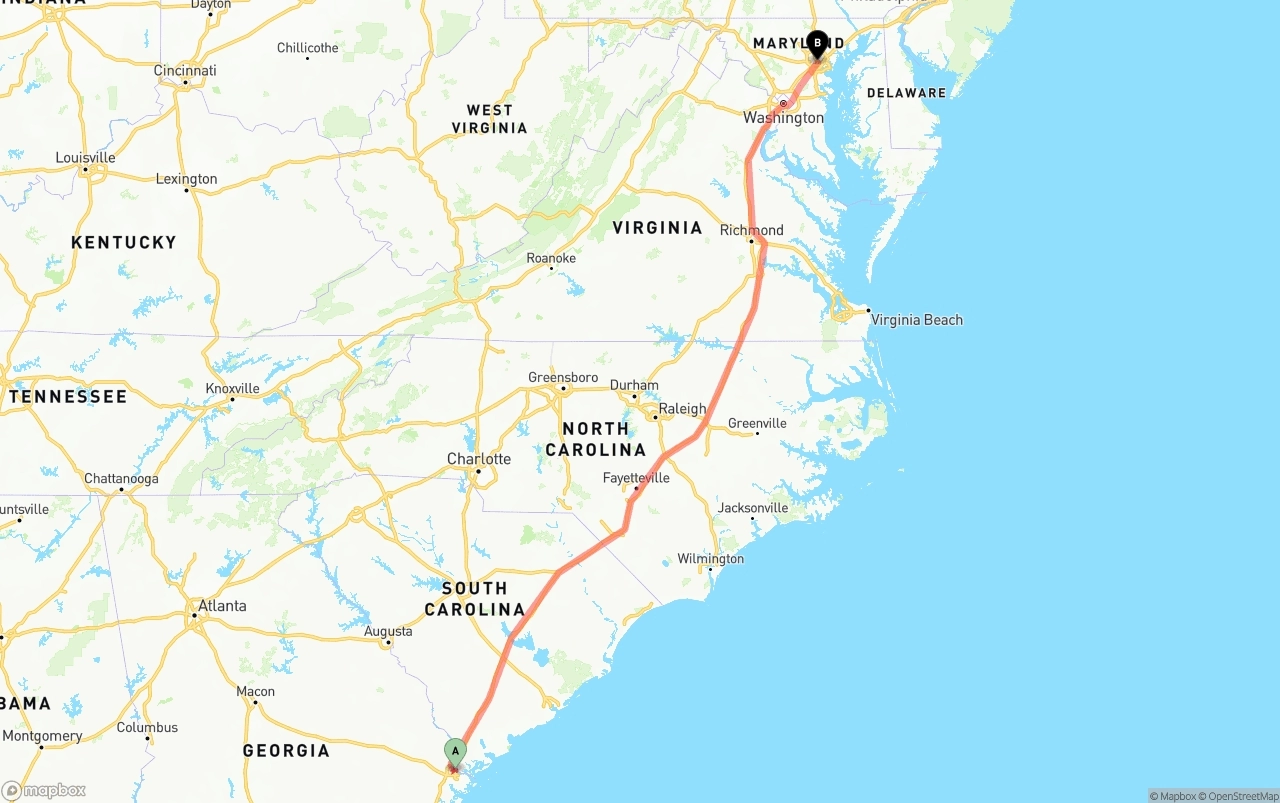 Shipping route from Port of Savannah to Baltimore