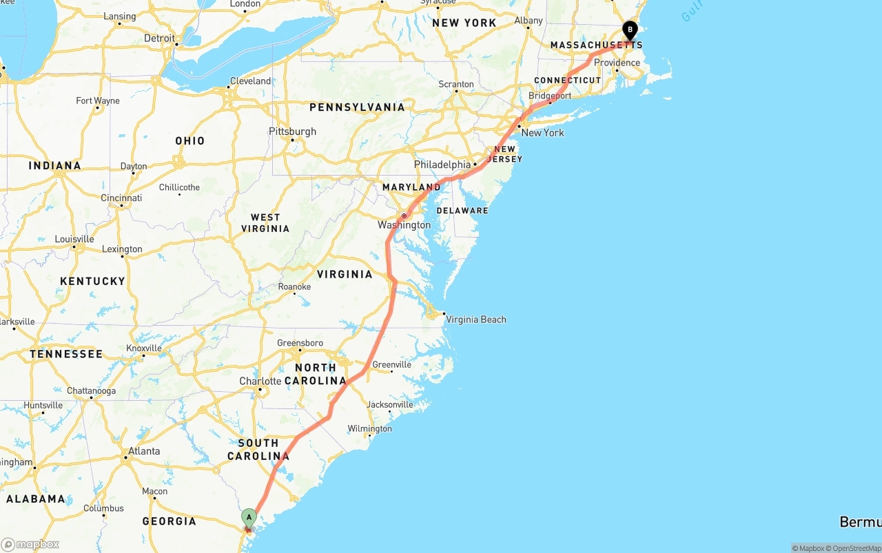 Shipping route from Port of Savannah to Boston