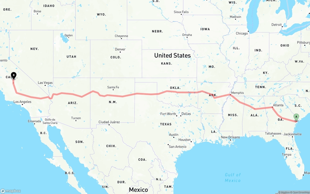 Shipping route from Port of Savannah to California