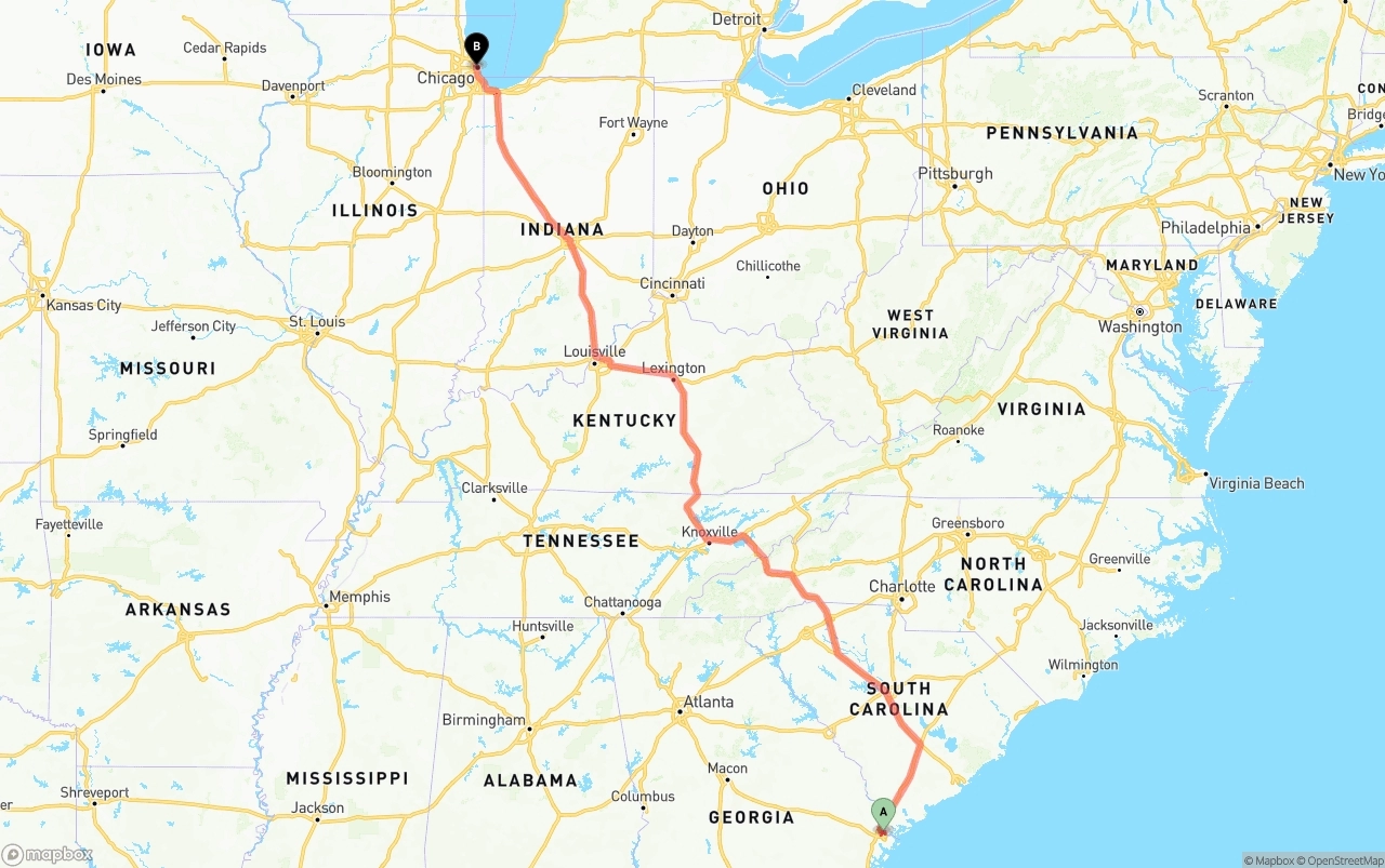 Shipping route from Port of Savannah to Chicago