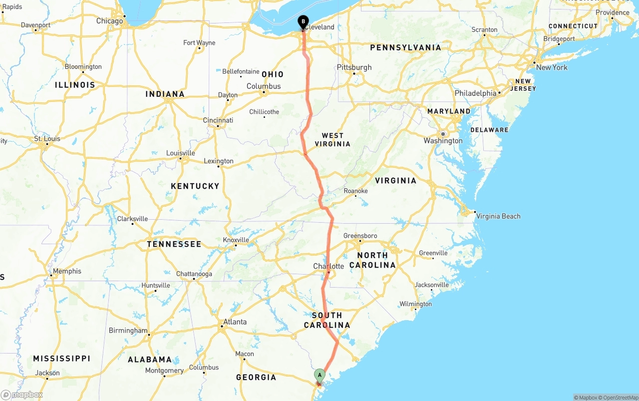 Shipping route from Port of Savannah to Cleveland