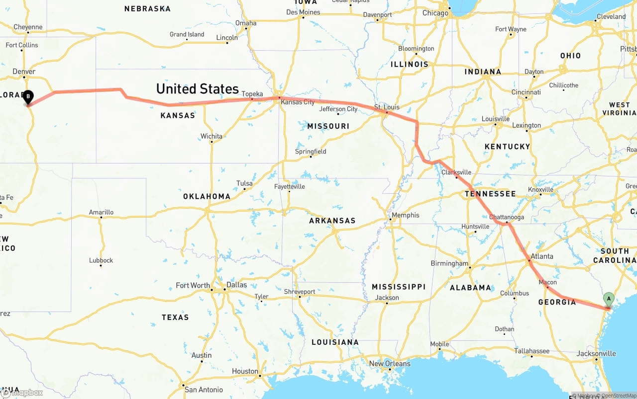Shipping route from Port of Savannah to Colorado Springs