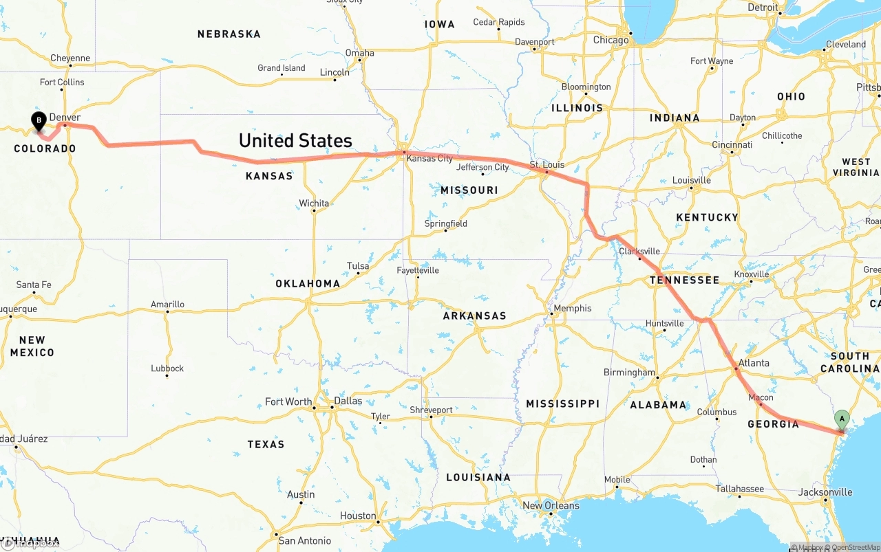 Shipping route from Port of Savannah to Colorado
