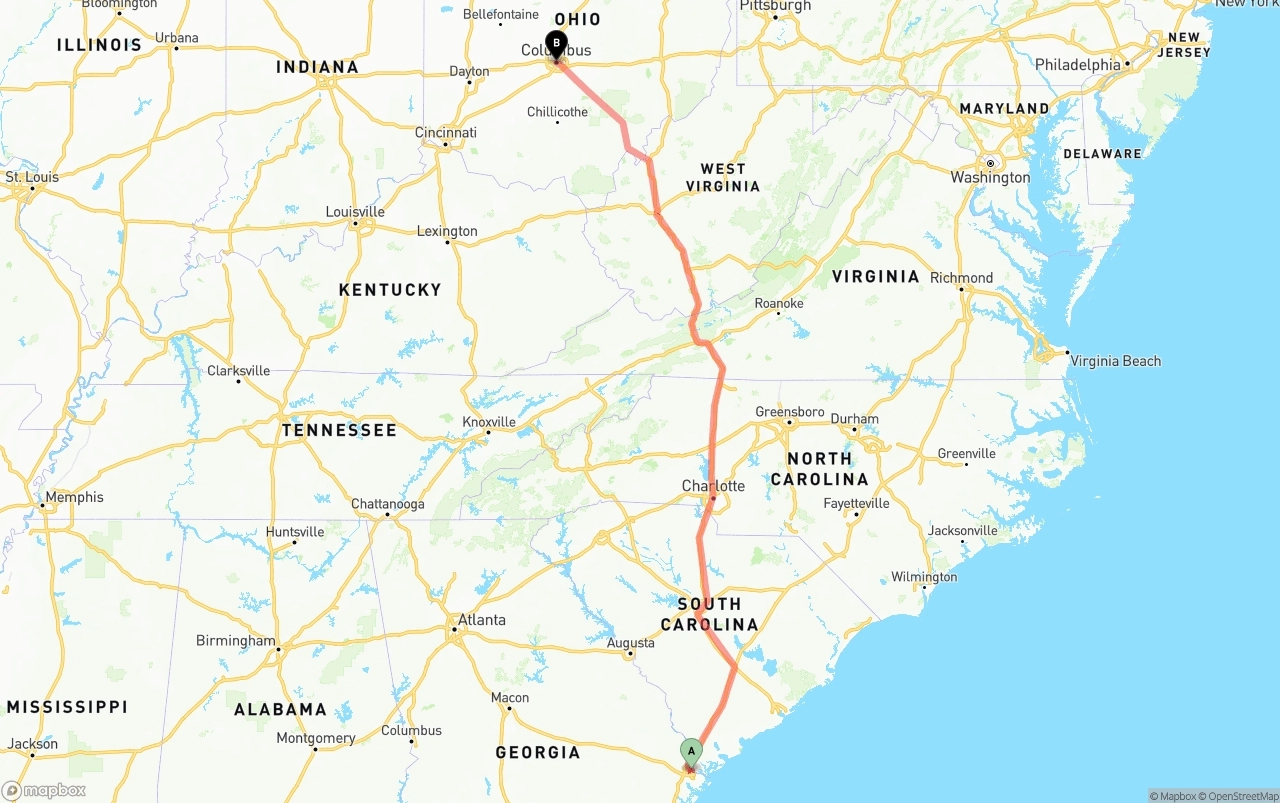 Shipping route from Port of Savannah to Columbus