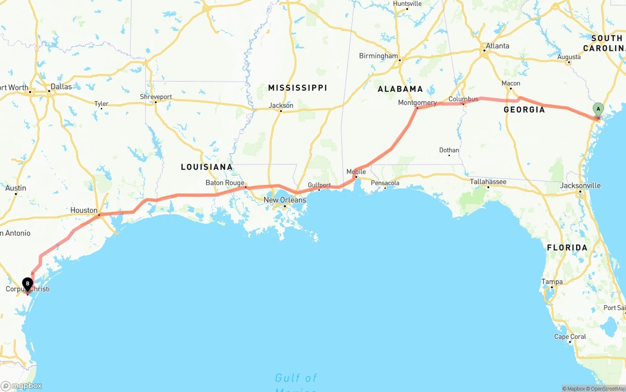 Shipping route from Port of Savannah to Corpus Christi