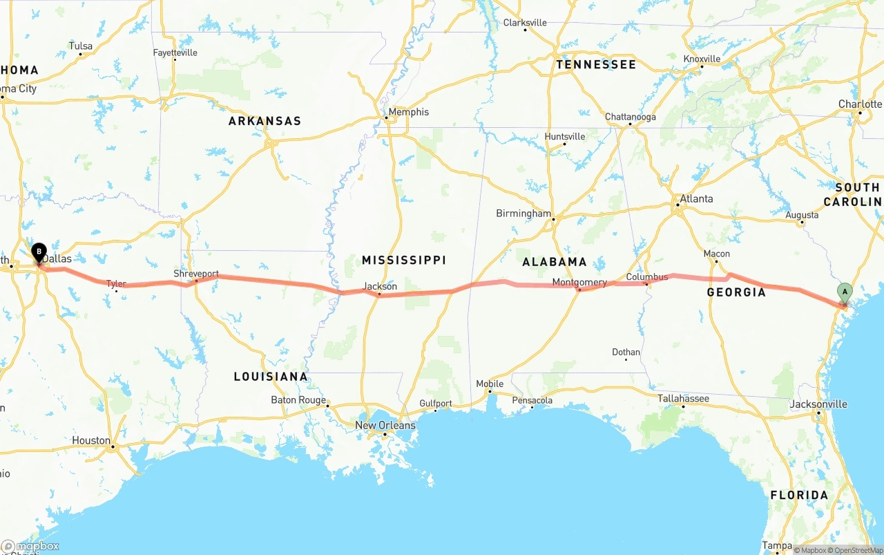 Shipping route from Port of Savannah to Dallas