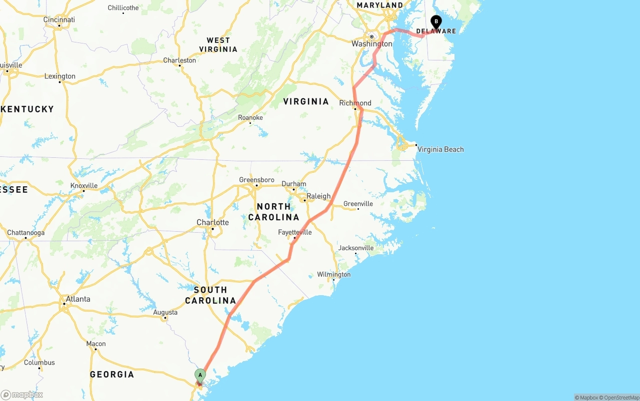 Shipping route from Port of Savannah to Delaware