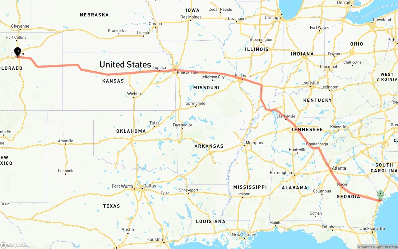 Shipping route from Port of Savannah to Denver