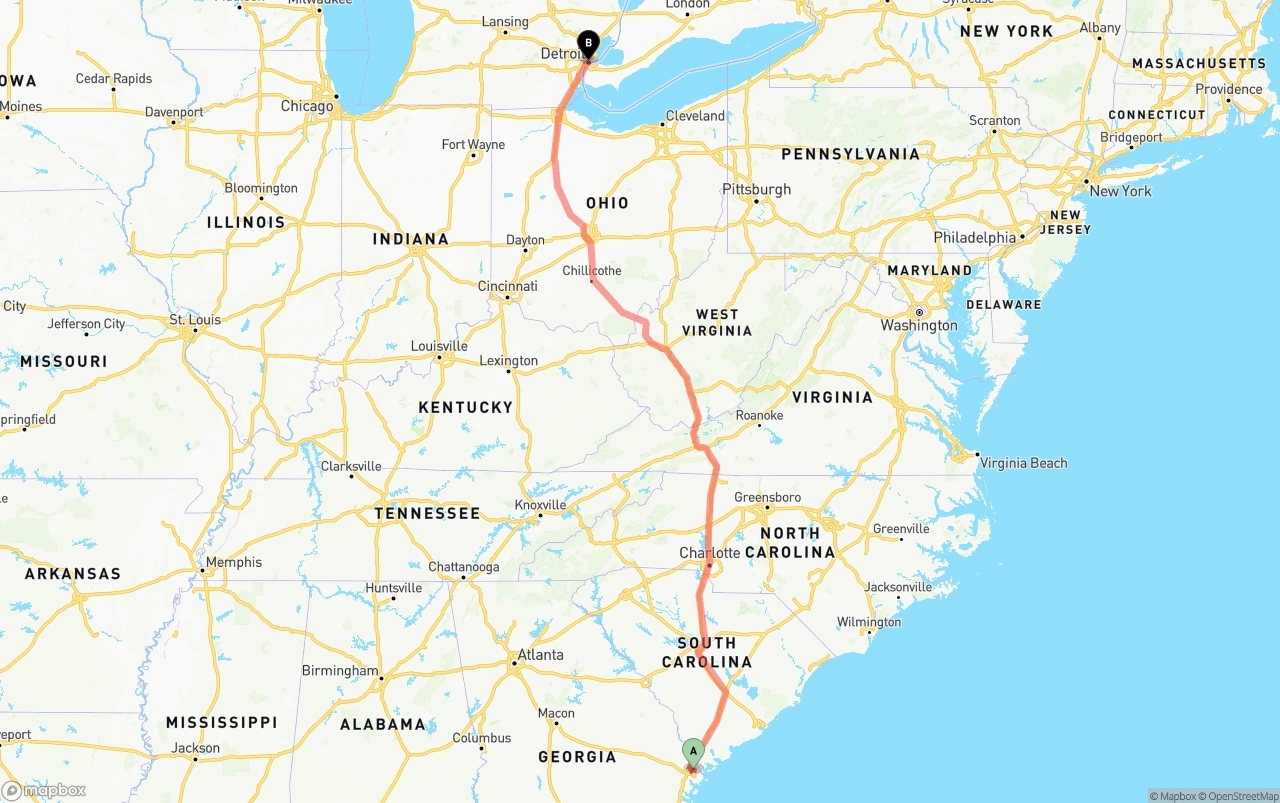 Shipping route from Port of Savannah to Detroit
