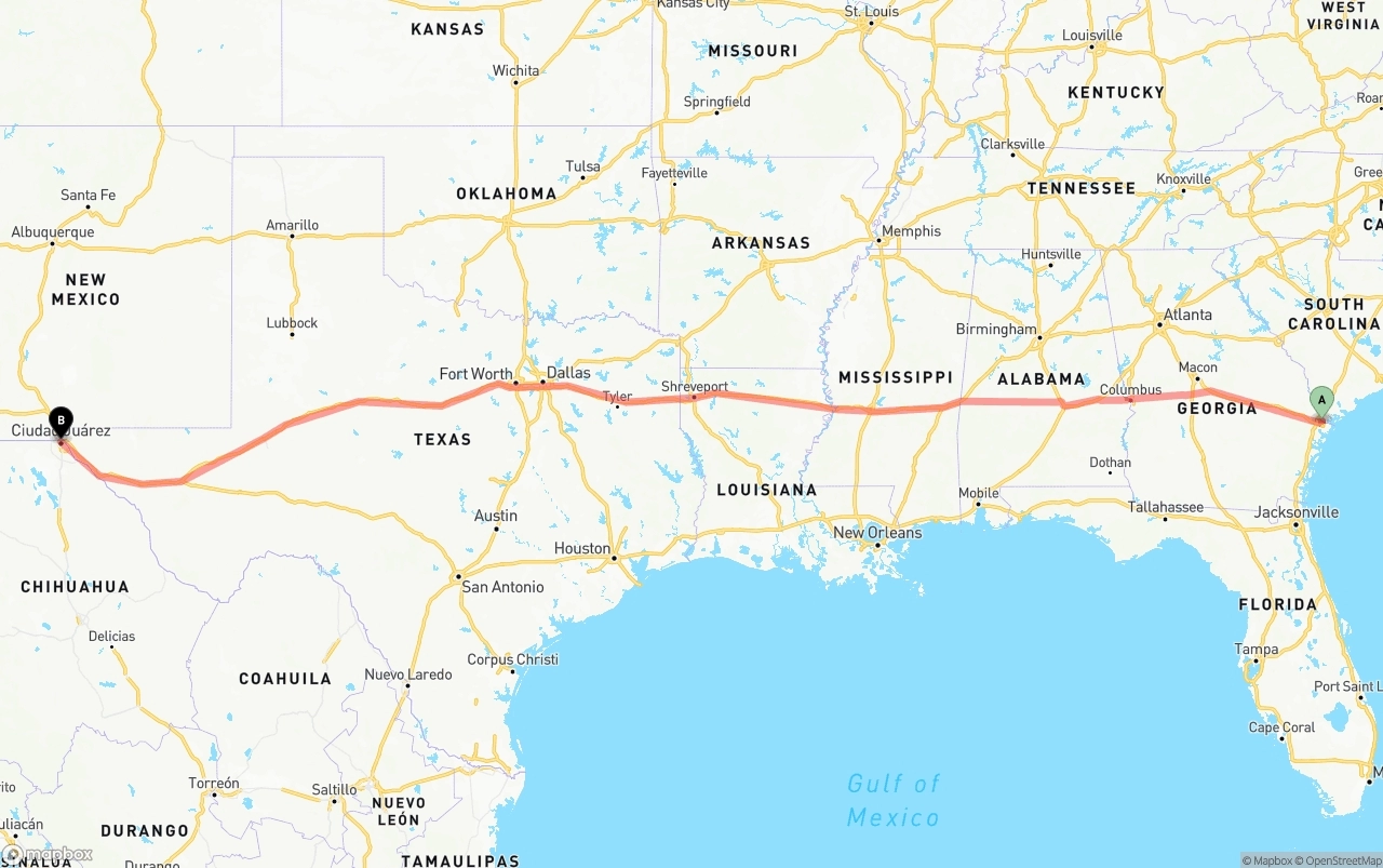 Shipping route from Port of Savannah to El Paso