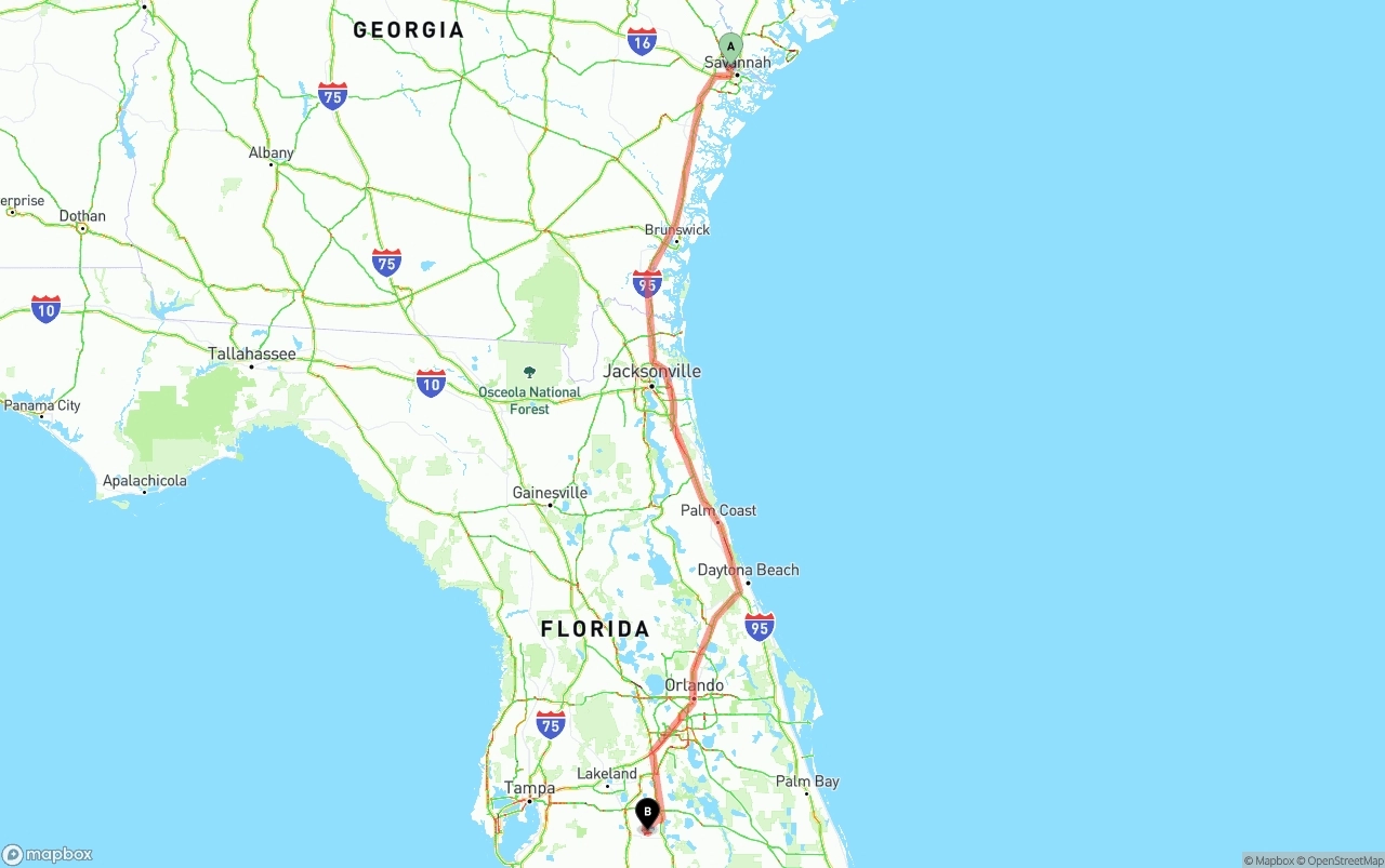 Shipping route from Port of Savannah to Florida