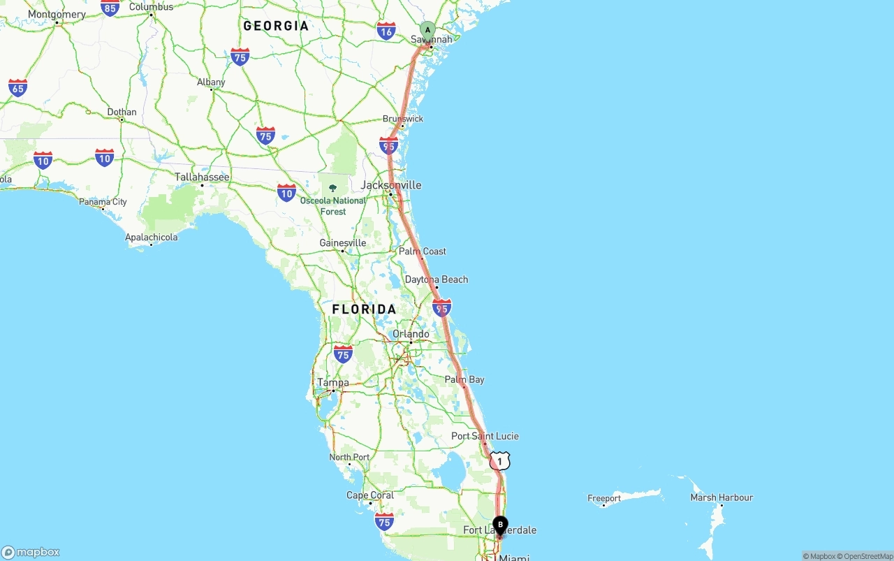 Shipping route from Port of Savannah to Ft. Lauderdale