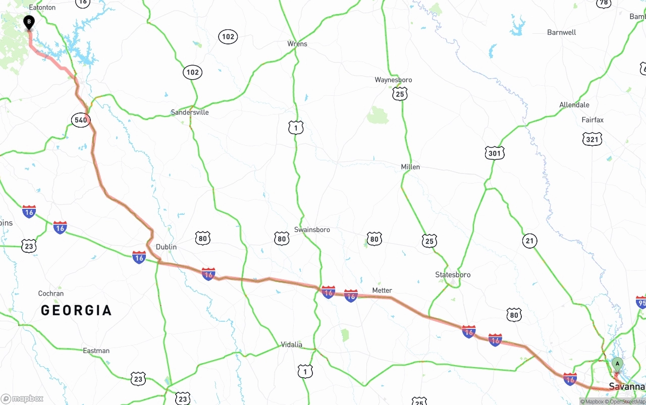 Shipping route from Port of Savannah to Georgia