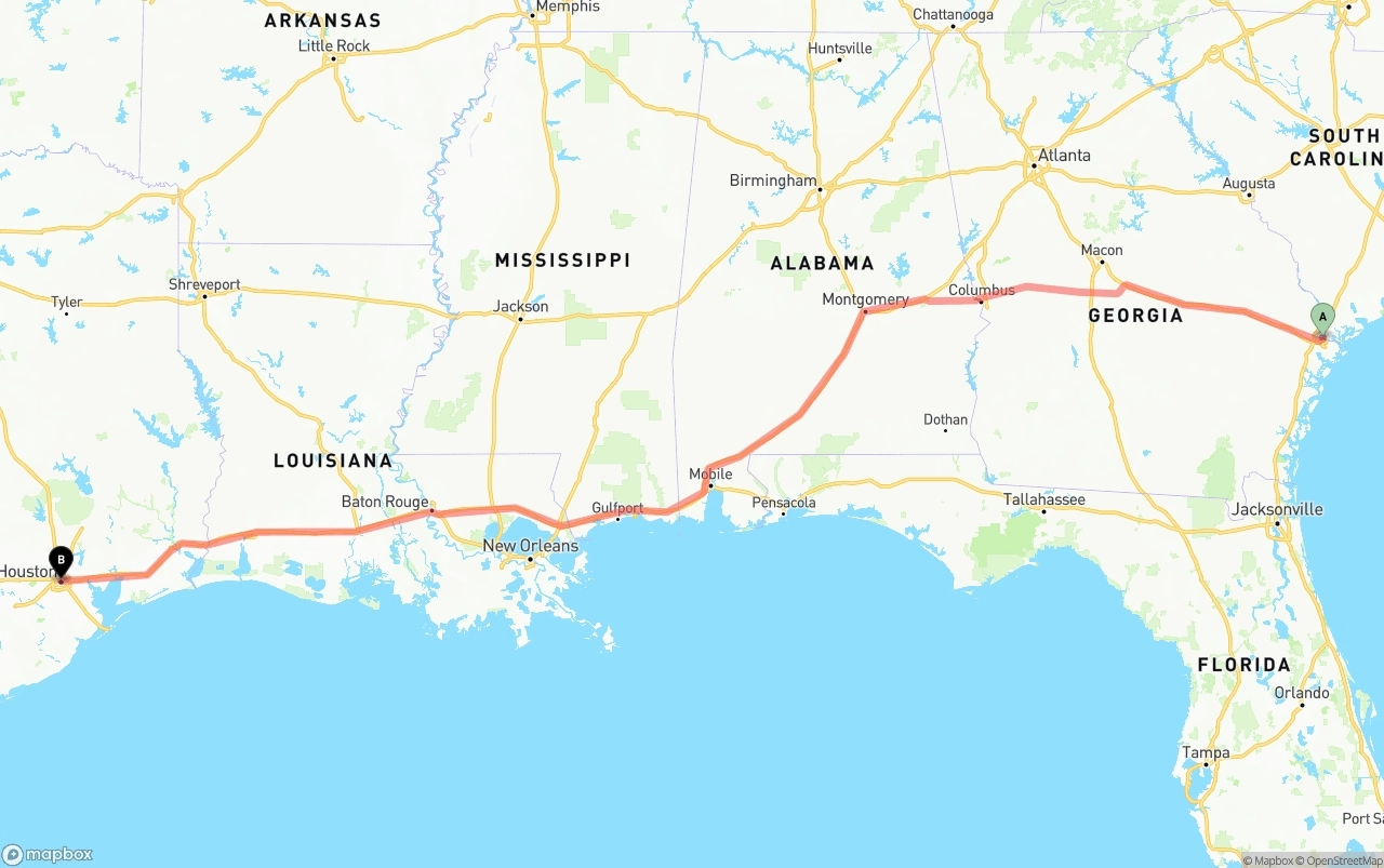 Shipping route from Port of Savannah to Houston