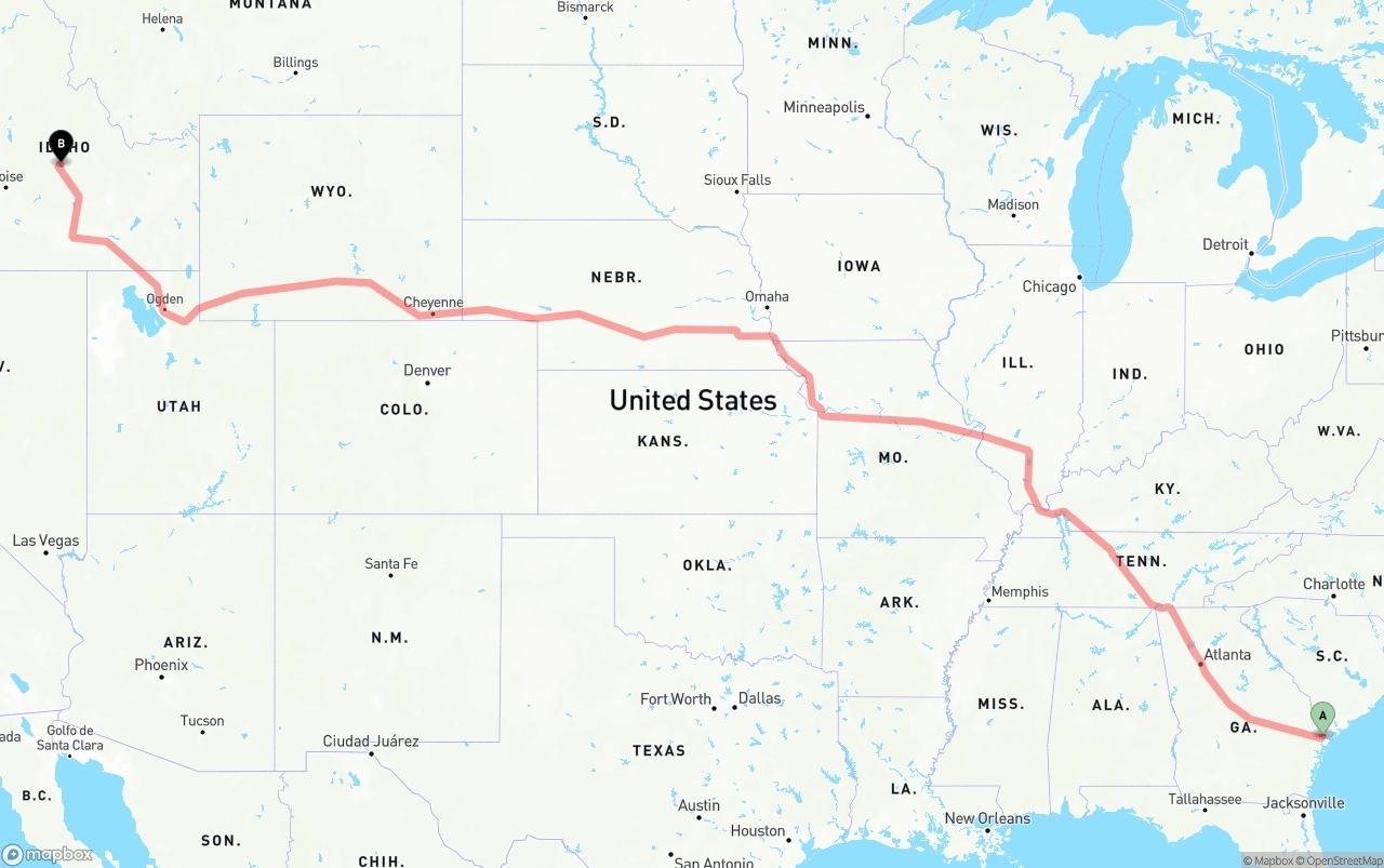 Shipping route from Port of Savannah to Idaho