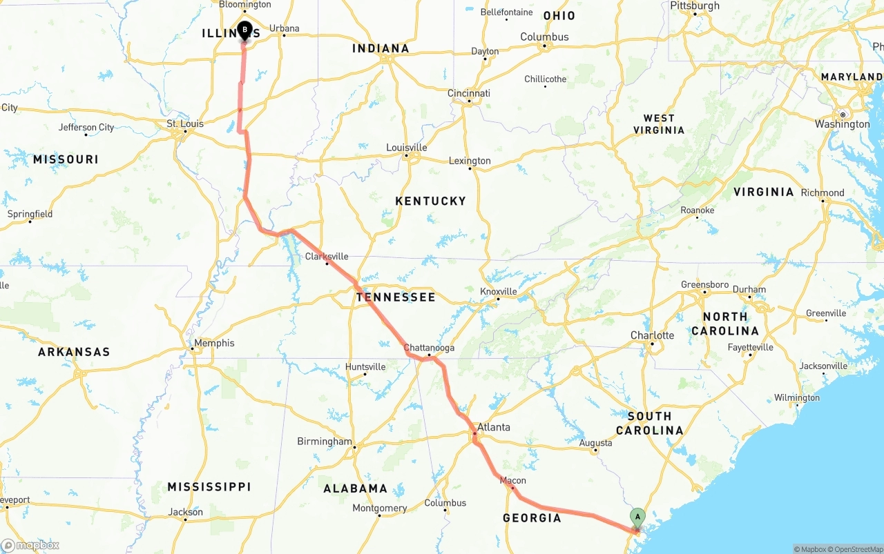 Shipping route from Port of Savannah to Illinois