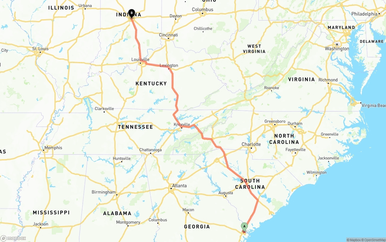 Shipping route from Port of Savannah to Indianapolis