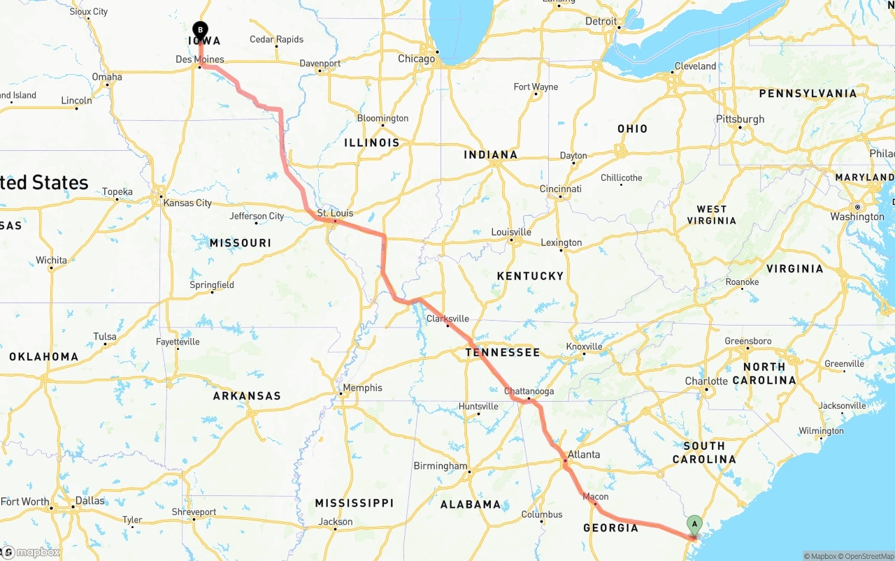 Shipping route from Port of Savannah to Iowa