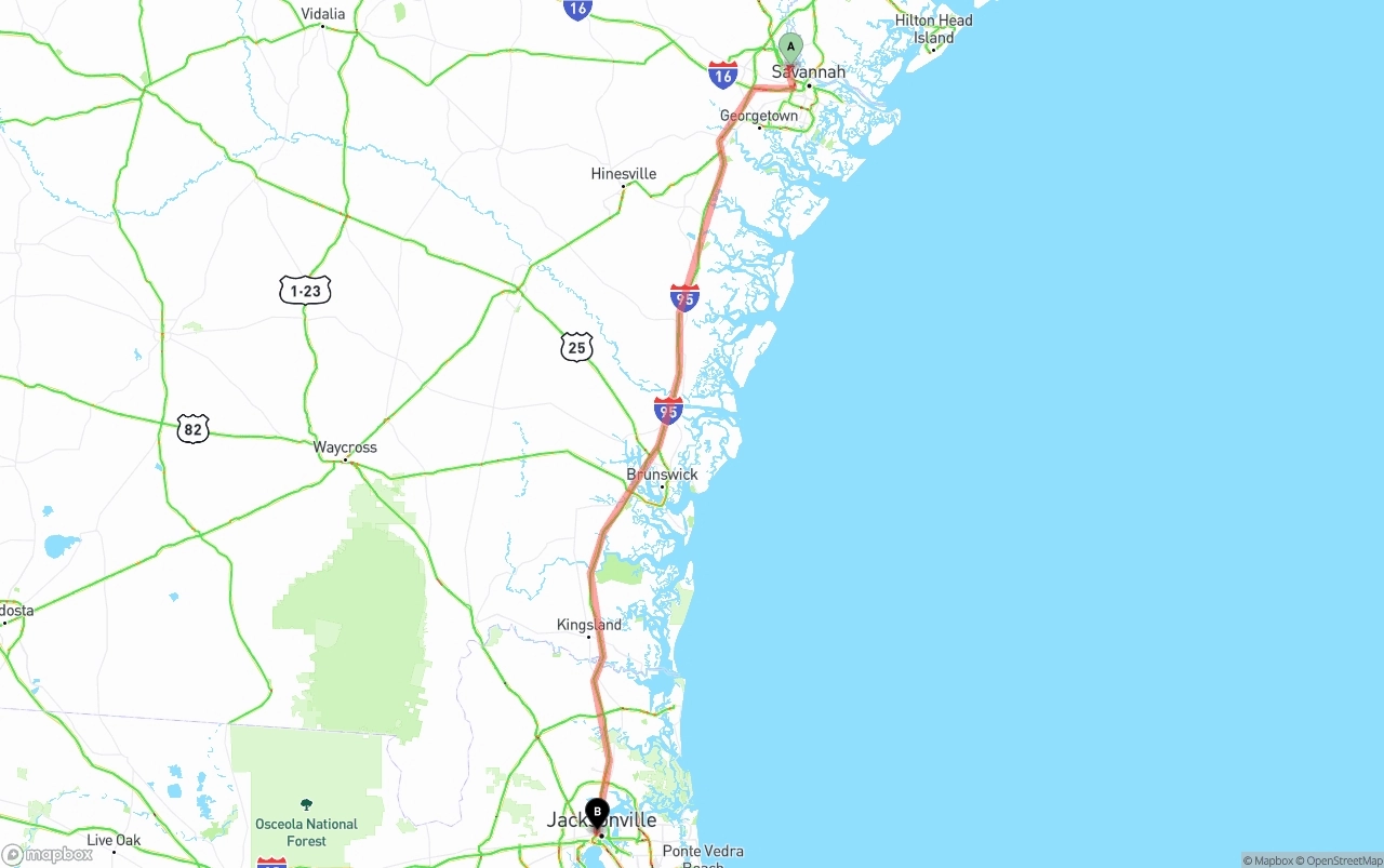 Shipping route from Port of Savannah to Jacksonville