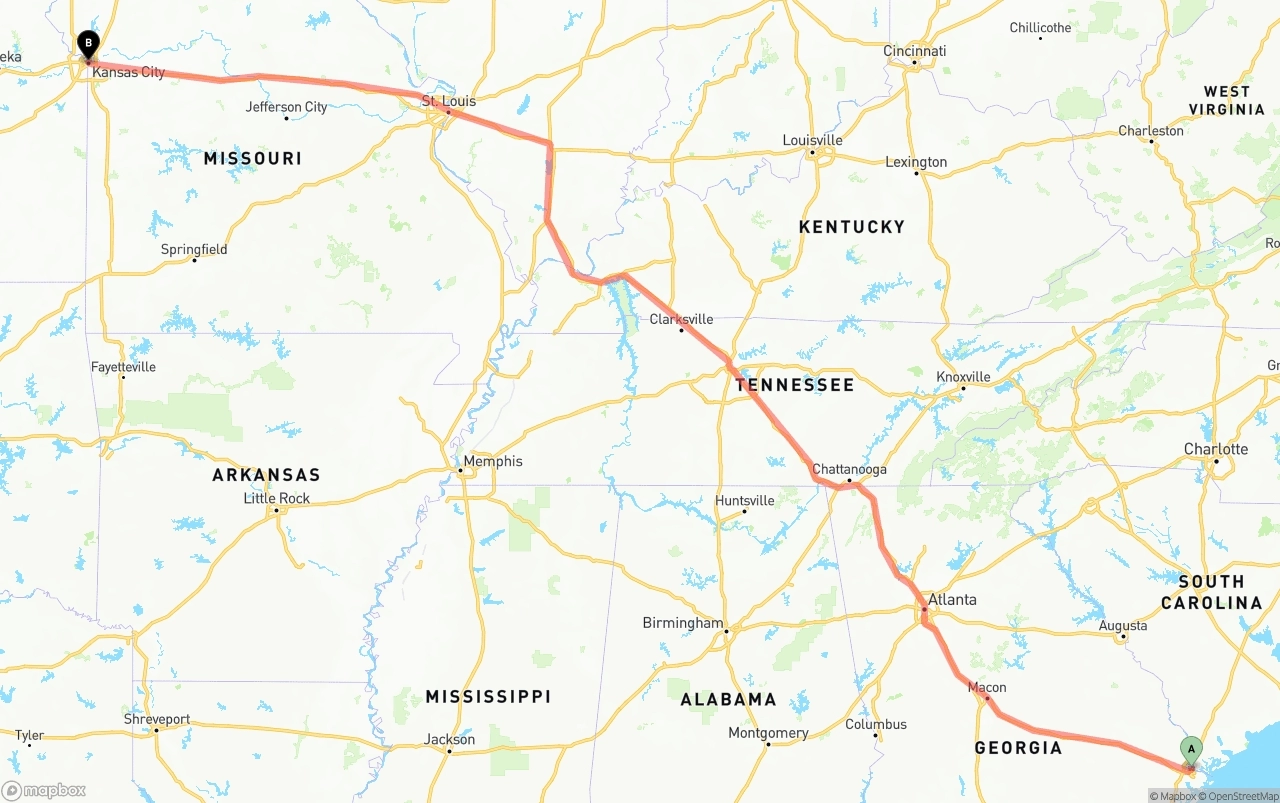 Shipping route from Port of Savannah to Kansas City