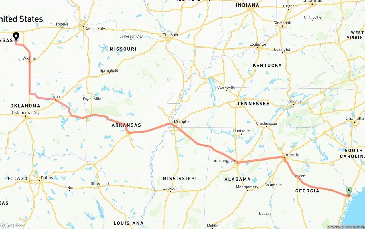 Shipping route from Port of Savannah to Kansas
